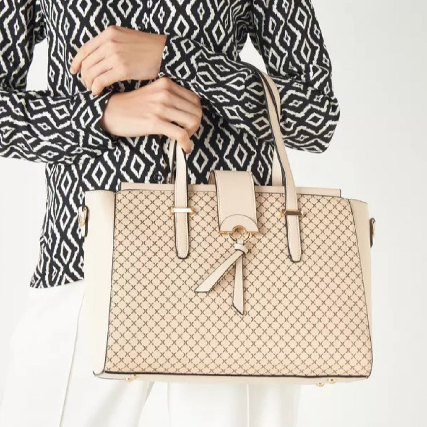 Beige 3 piece Quilted Design Bag Set featuring Flapover Crossbody