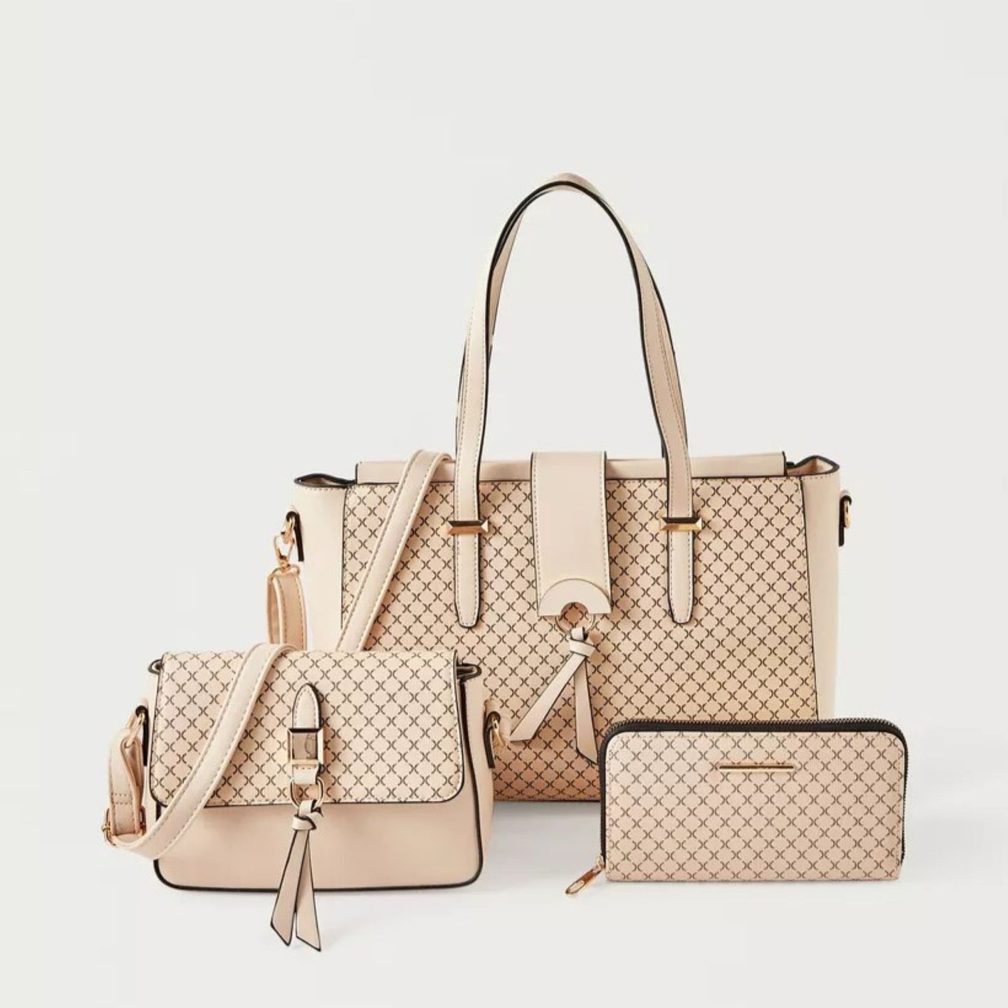 Beige 3 piece Quilted Design Bag Set featuring Flapover Crossbody