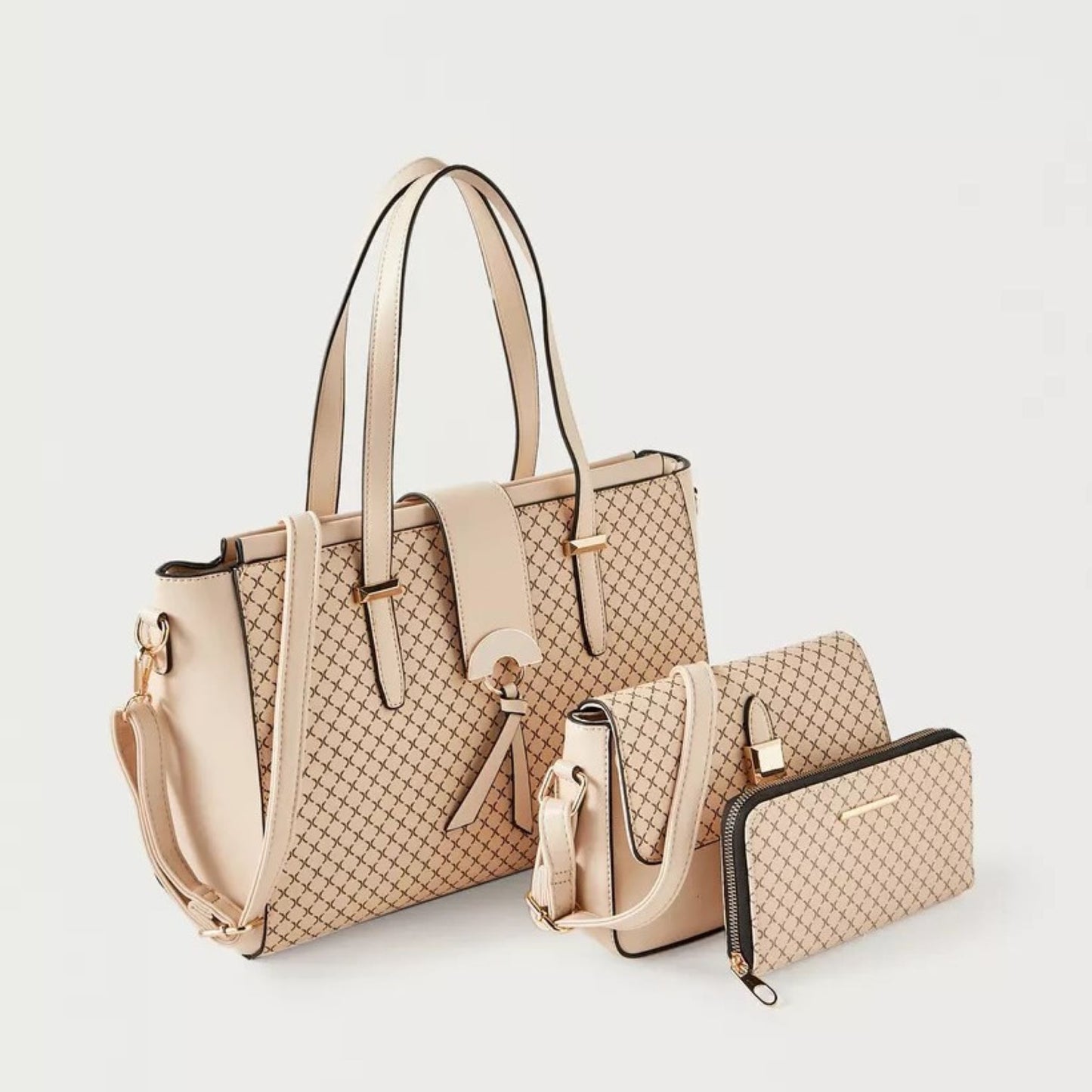 Beige 3 piece Quilted Design Bag Set featuring Flapover Crossbody