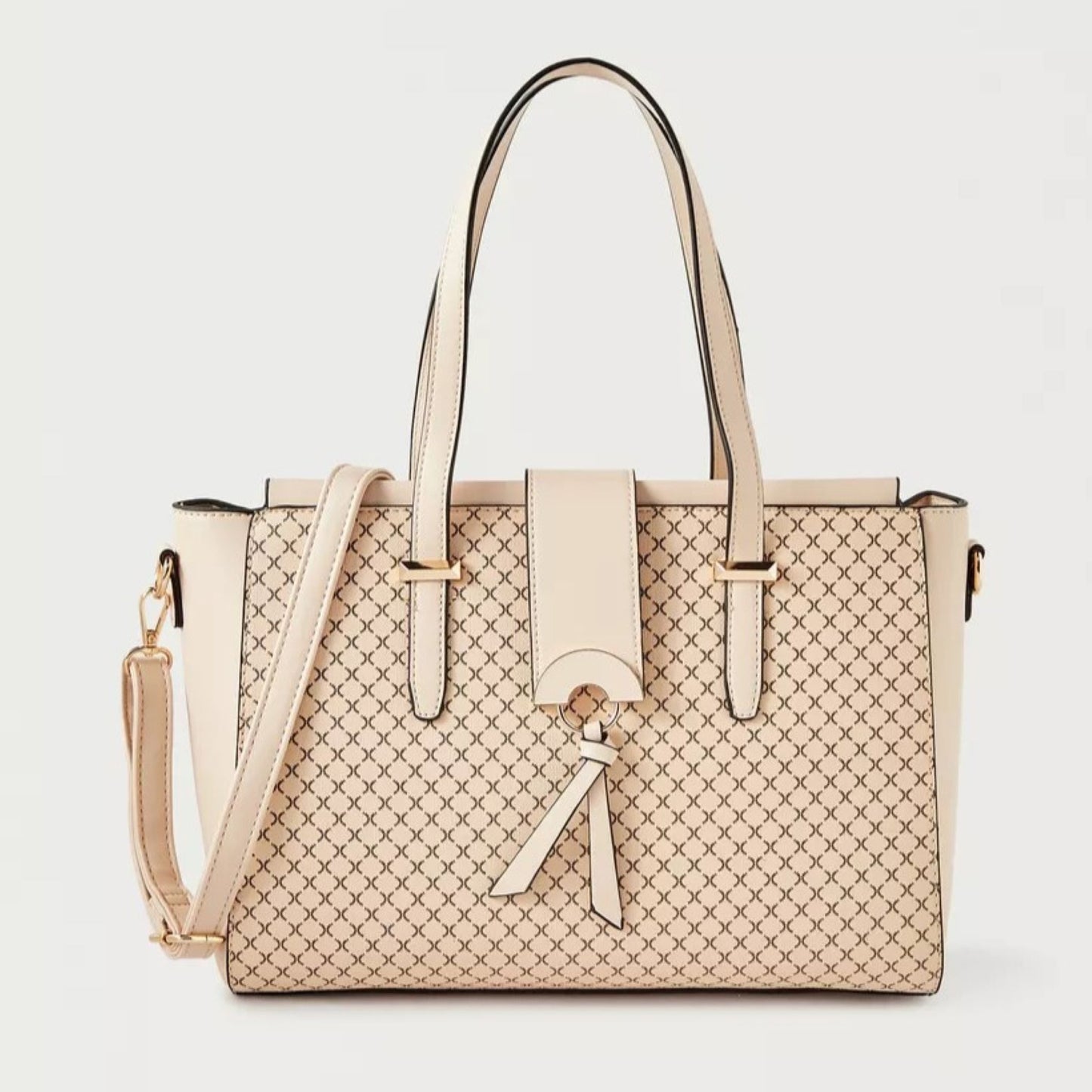 Beige 3 piece Quilted Design Bag Set featuring Flapover Crossbody