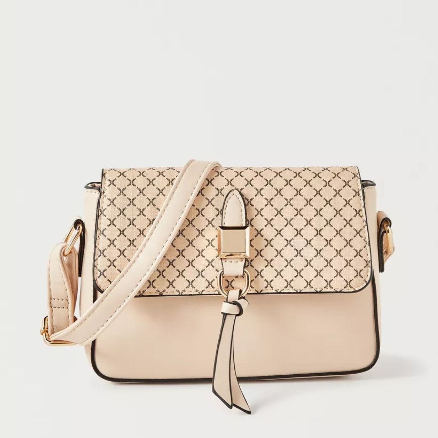 Beige 3 piece Quilted Design Bag Set featuring Flapover Crossbody