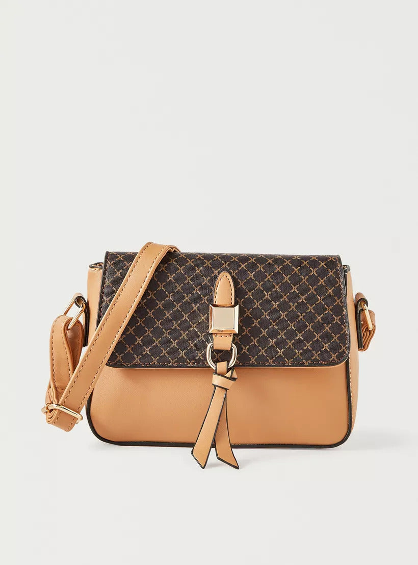 Brown 3 piece Quilted Design Bag Set featuring Flapover Crossbody