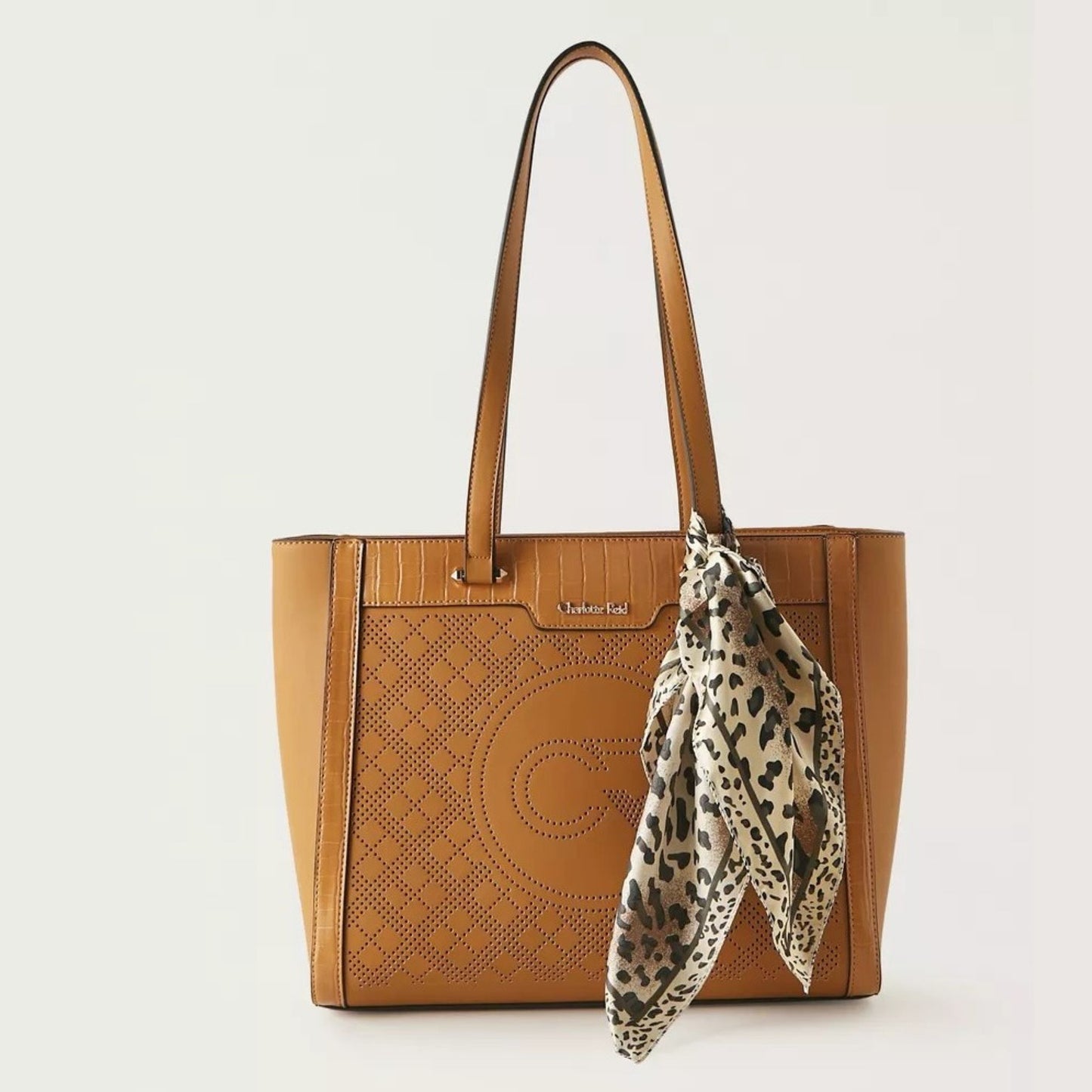 Tan Textured Monogram Tote Bag with Scarf Detail