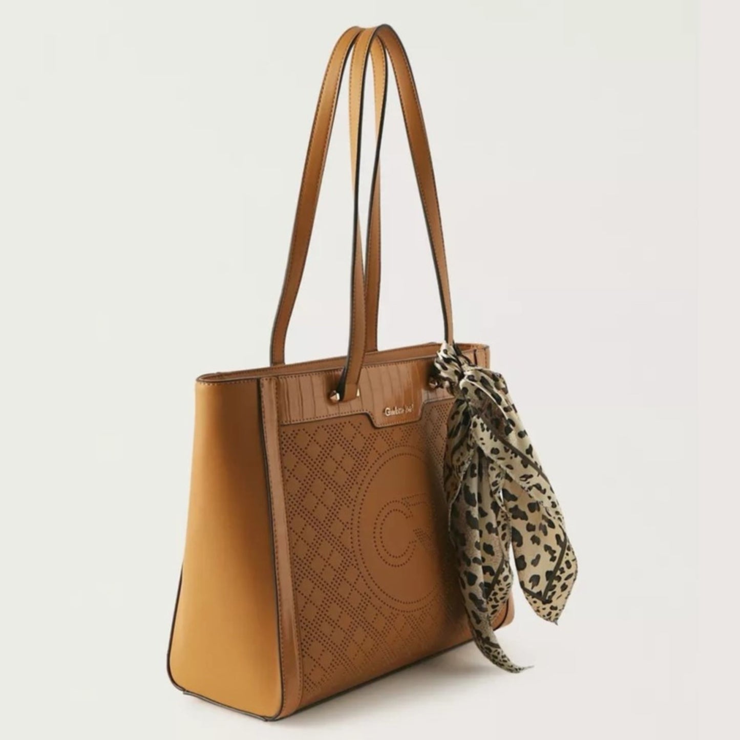 Tan Textured Monogram Tote Bag with Scarf Detail