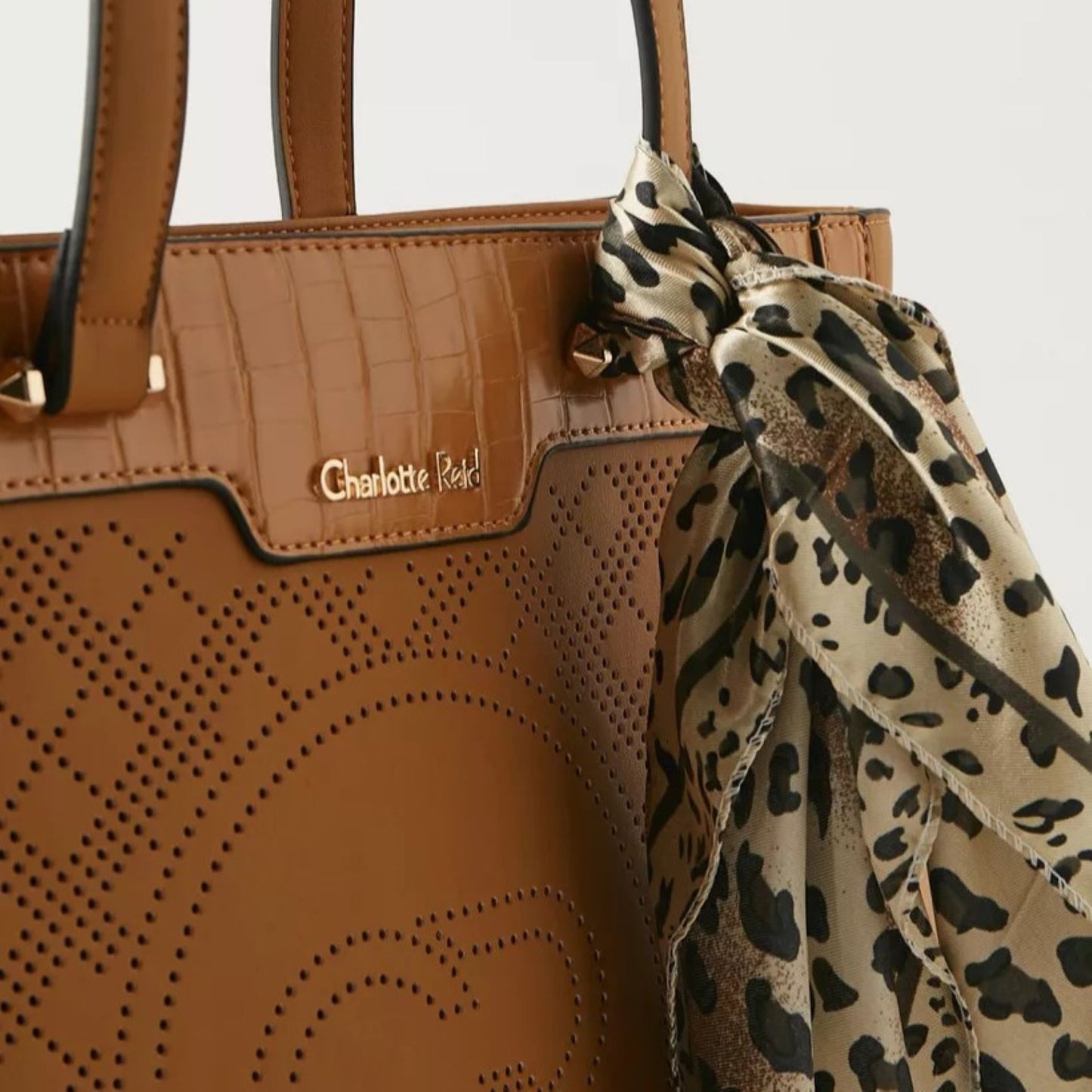 Tan Textured Monogram Tote Bag with Scarf Detail