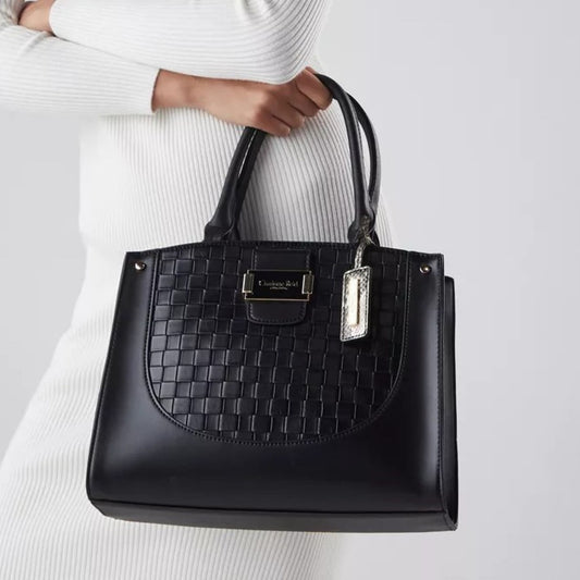 Black Weave Textured Medium Satchel Bag