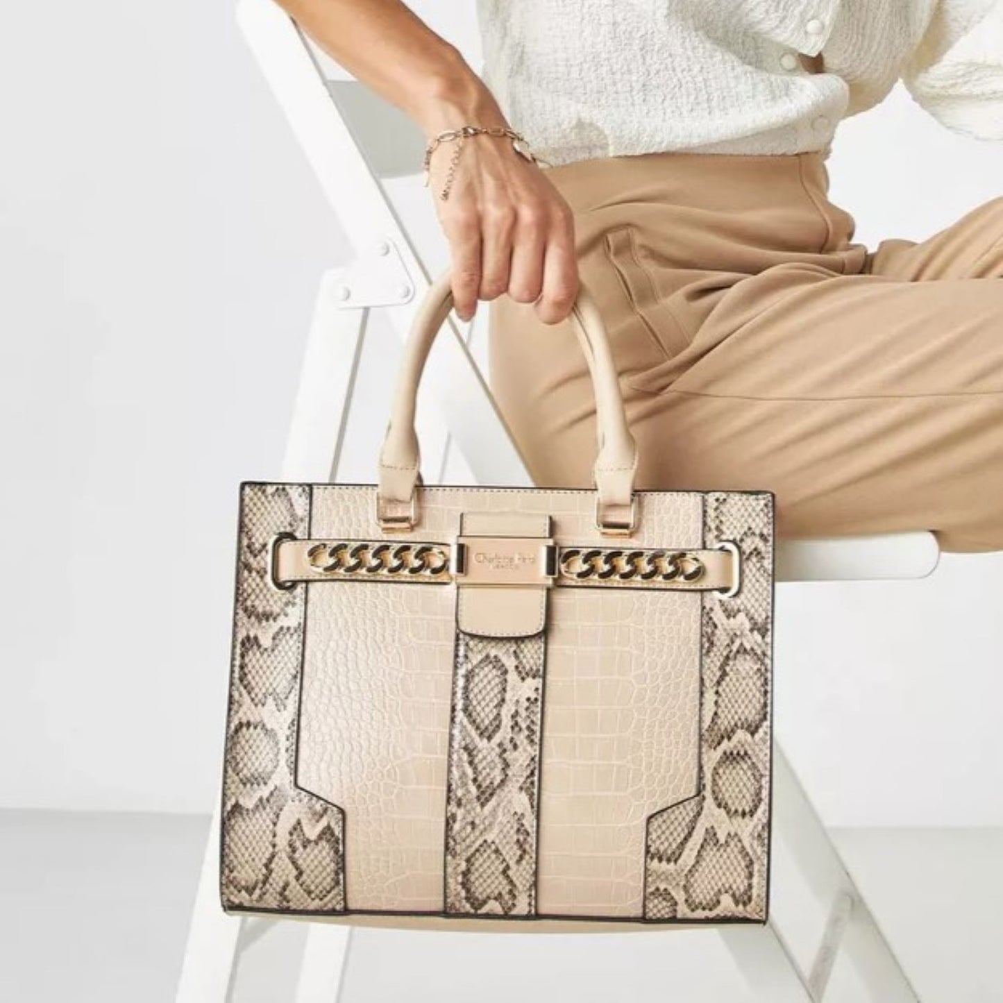 Beige Textured Top Handle Tote