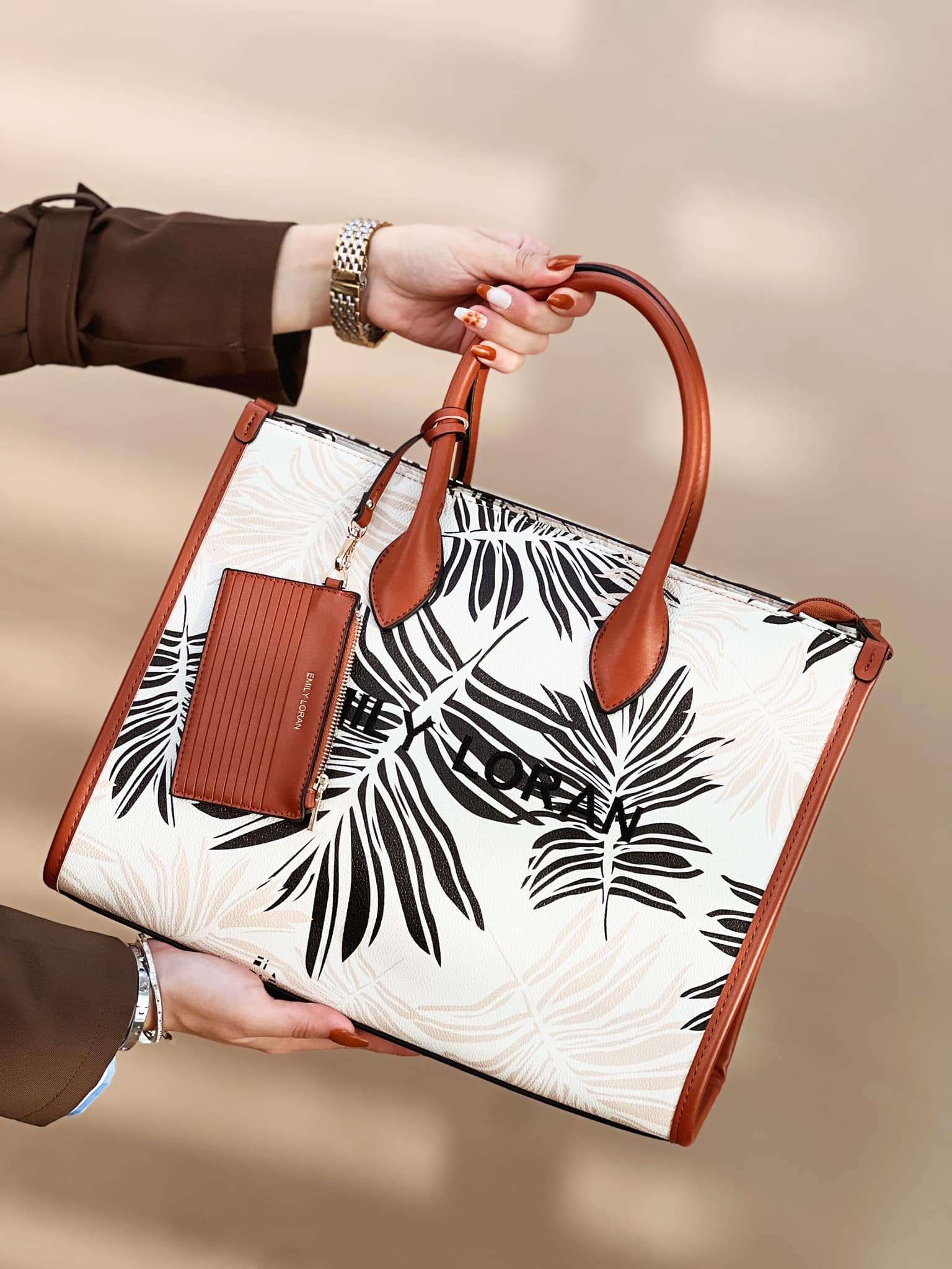 Satchel Tote HandBag in Emily Loran brand with Palm leaves print and design in brown, black and cream.