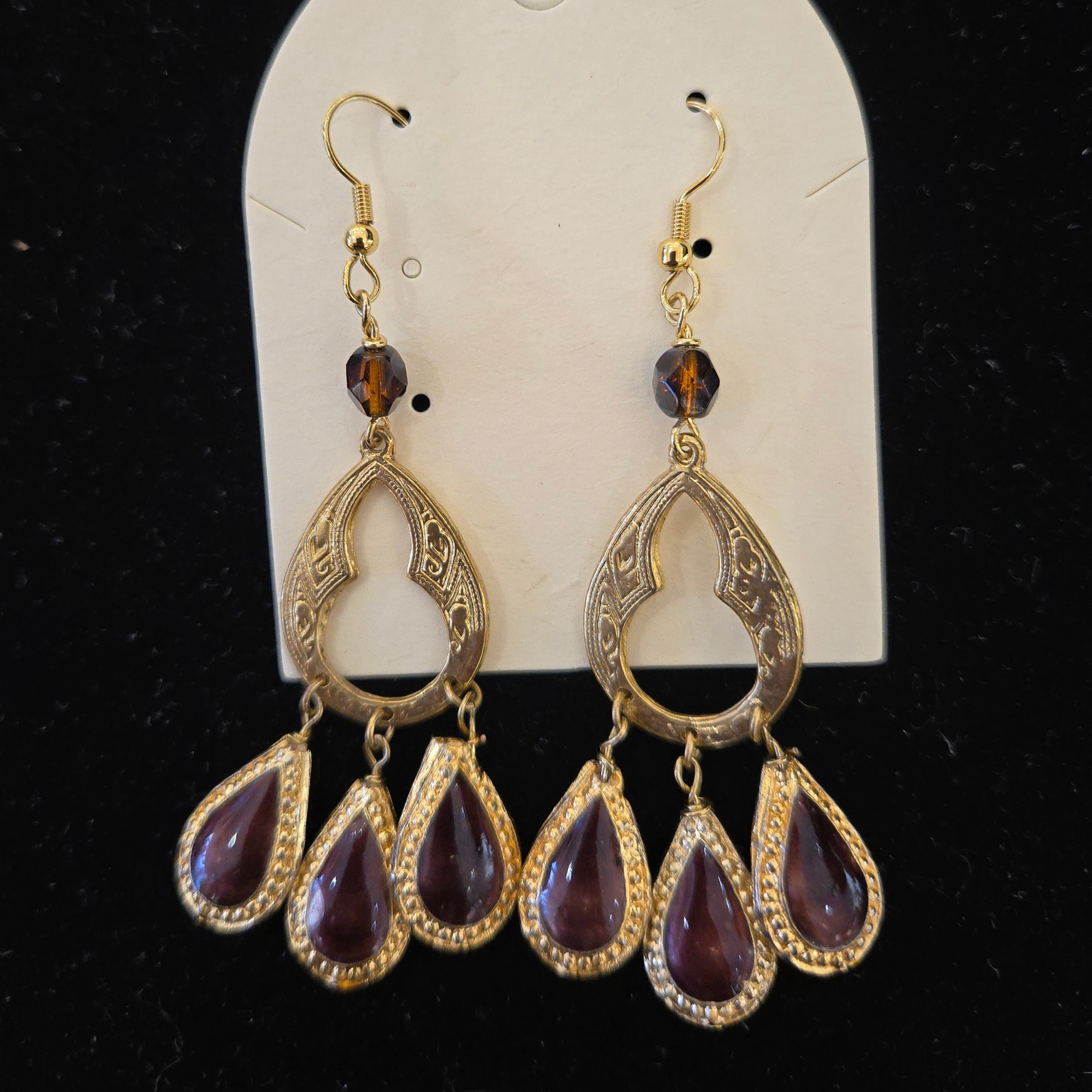 Arabian-inspired statement earrings with hand-painted cloisonné beads & 14K gold-plated pewter. Bold, elegant, approx. 3 inches long from InStyle Fashion HK.