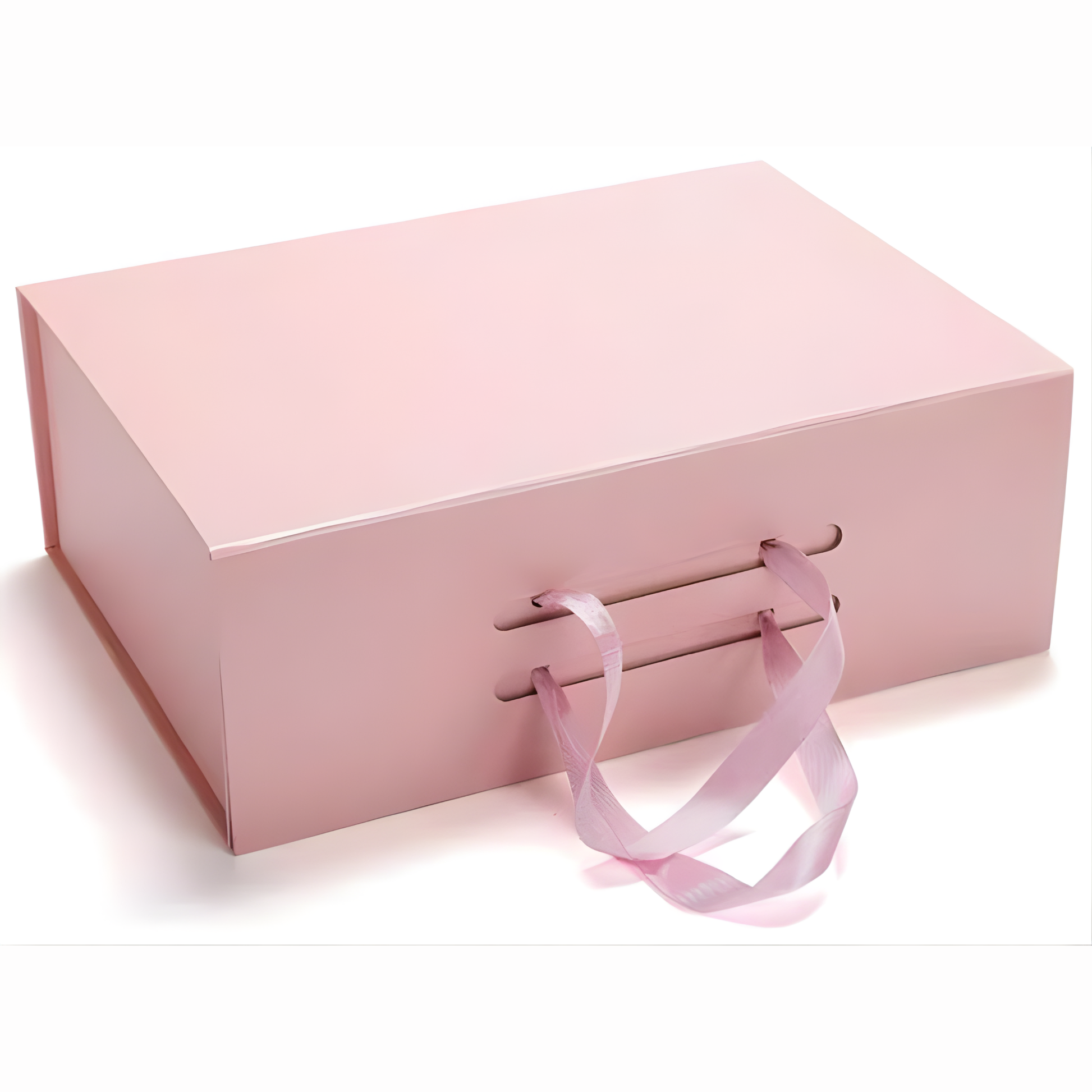 Pink gift box with a ribbon on a white background
