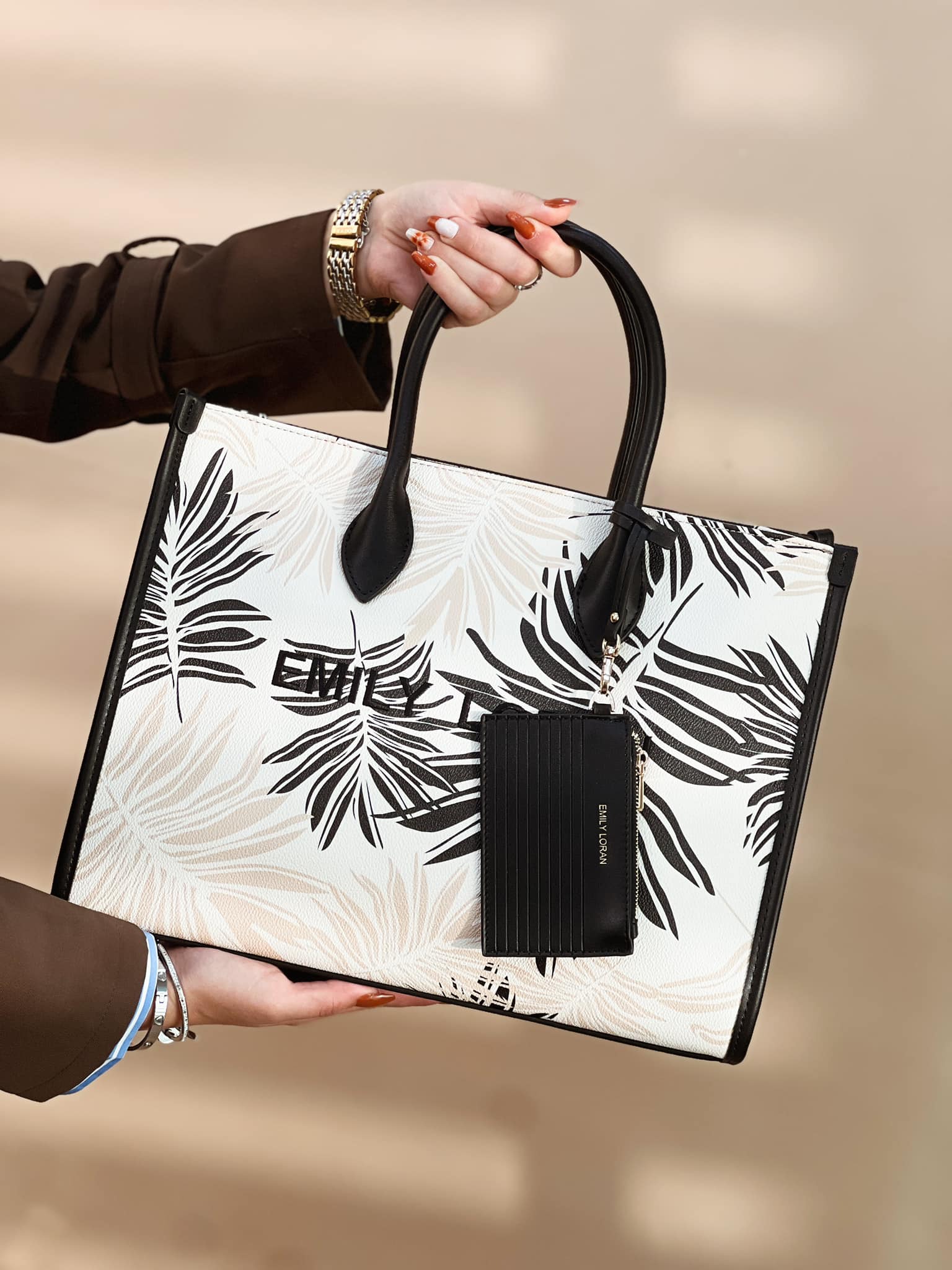 Satchel Tote HandBag in Emily Loran brand with Palm leaves print and design in black and cream.