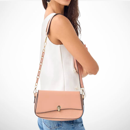 Nude Textured Crossbody Bag with Flap Closure and Detachable Strap