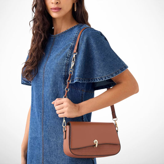 Tan Textured Crossbody Bag with Flap Closure and Detachable Strap