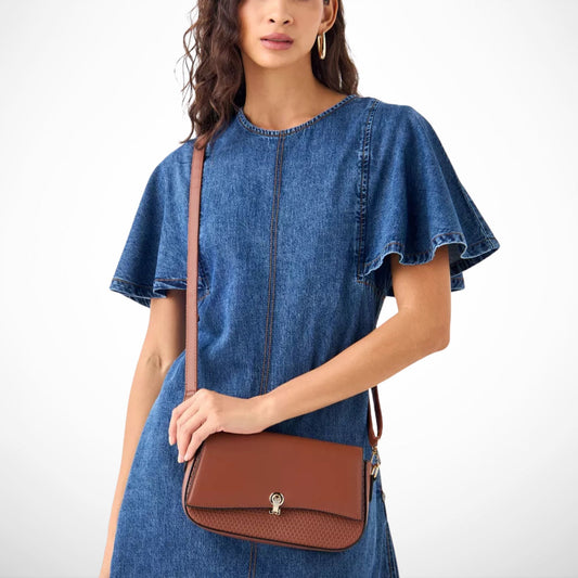 Tan Textured Crossbody Bag with Flap Closure and Detachable Strap