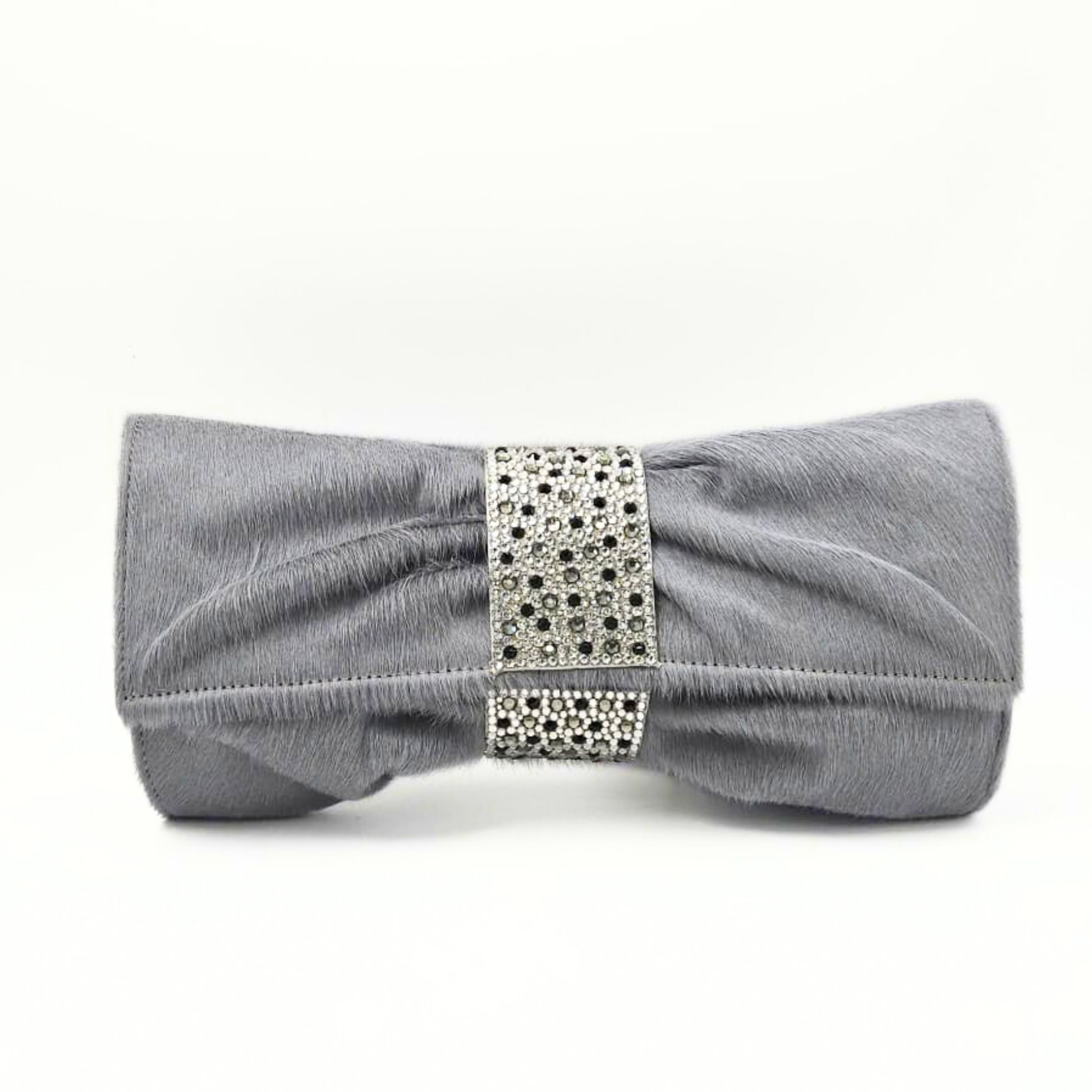 Gray clutch bag with a decorative band on a white background