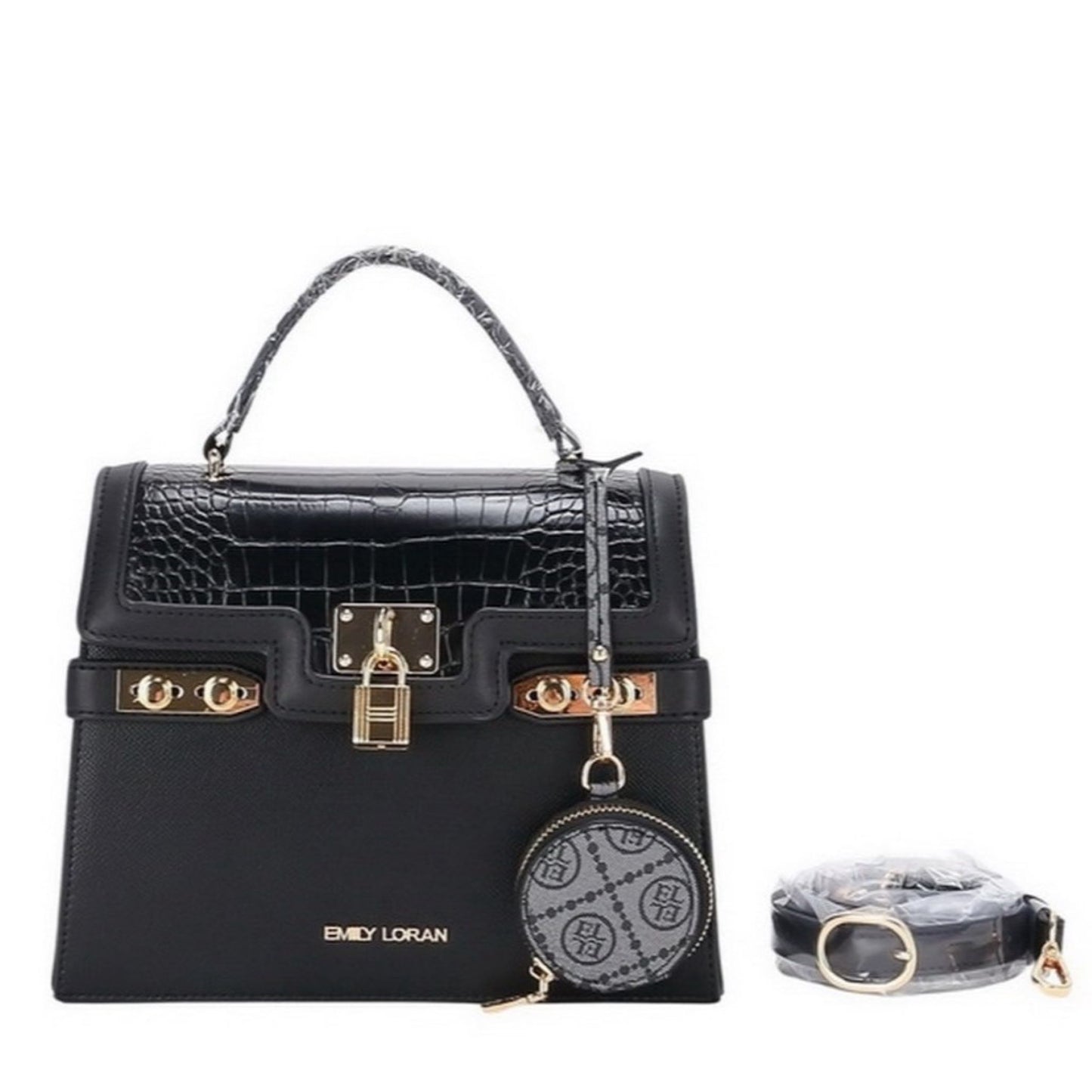 Black Multi-textured Satchel Bag with Lock Accent