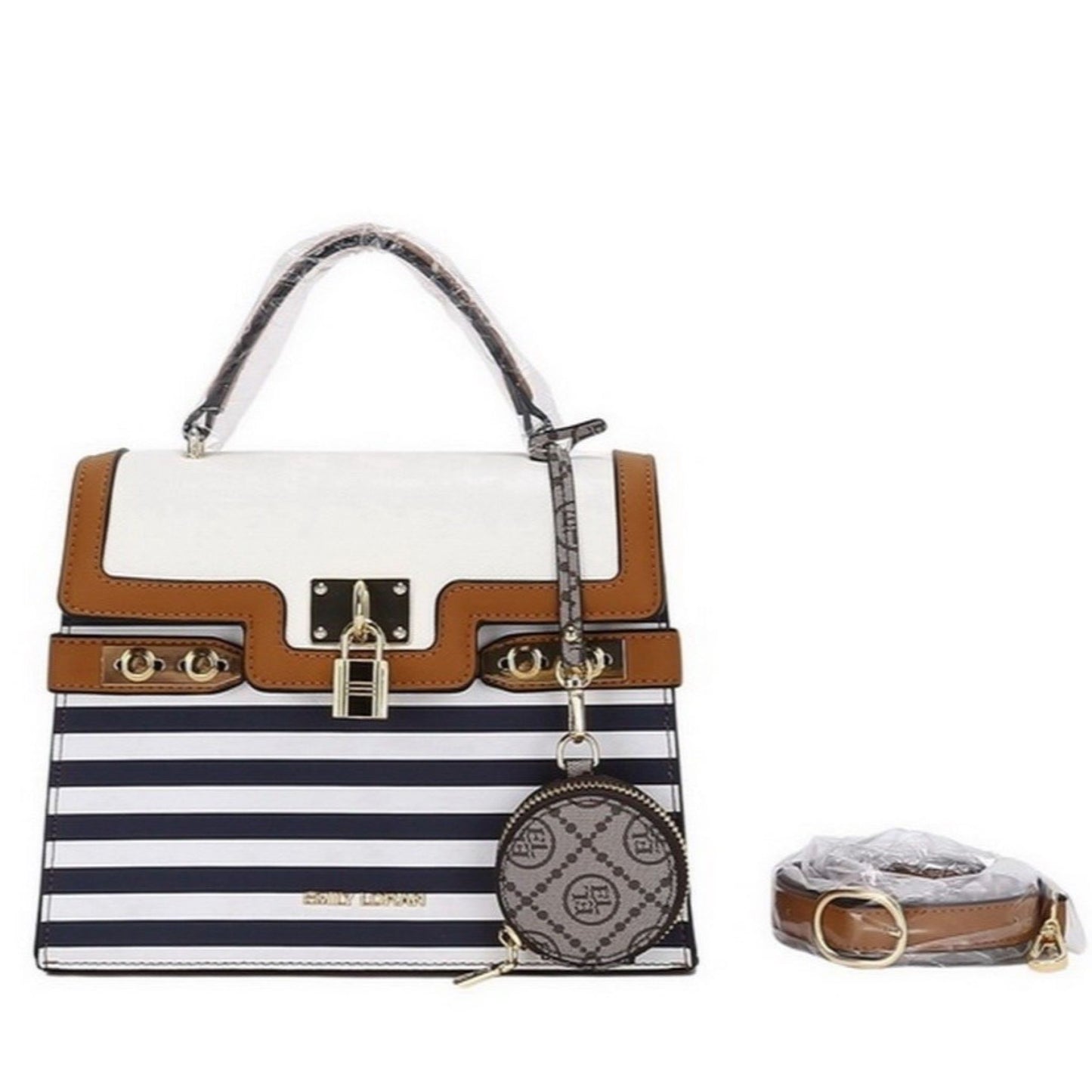 Navy & White Striped Multi-textured Satchel Bag with Lock Accent