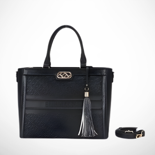 Smart bag with embossed monogram, textured panels, dual handles & strap, fits A4/laptop for work. Stylish, spacious, hands-free ease, from InStyle Fashion HK.