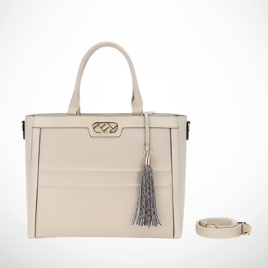 Off White Smart bag with embossed monogram, textured panels, dual handles & strap, fits A4/laptop for work. Stylish, spacious, hands-free ease, from InStyle Fashion HK.