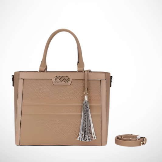 Smart bag with embossed monogram, textured panels, dual handles & strap, fits A4/laptop for work. Stylish, spacious, hands-free ease, from InStyle Fashion HK.