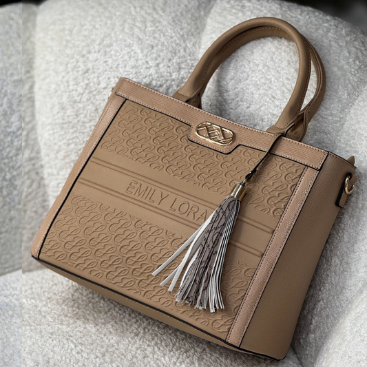 Smart bag with embossed monogram, textured panels, dual handles & strap, fits A4/laptop for work. Stylish, spacious, hands-free ease, from InStyle Fashion HK.