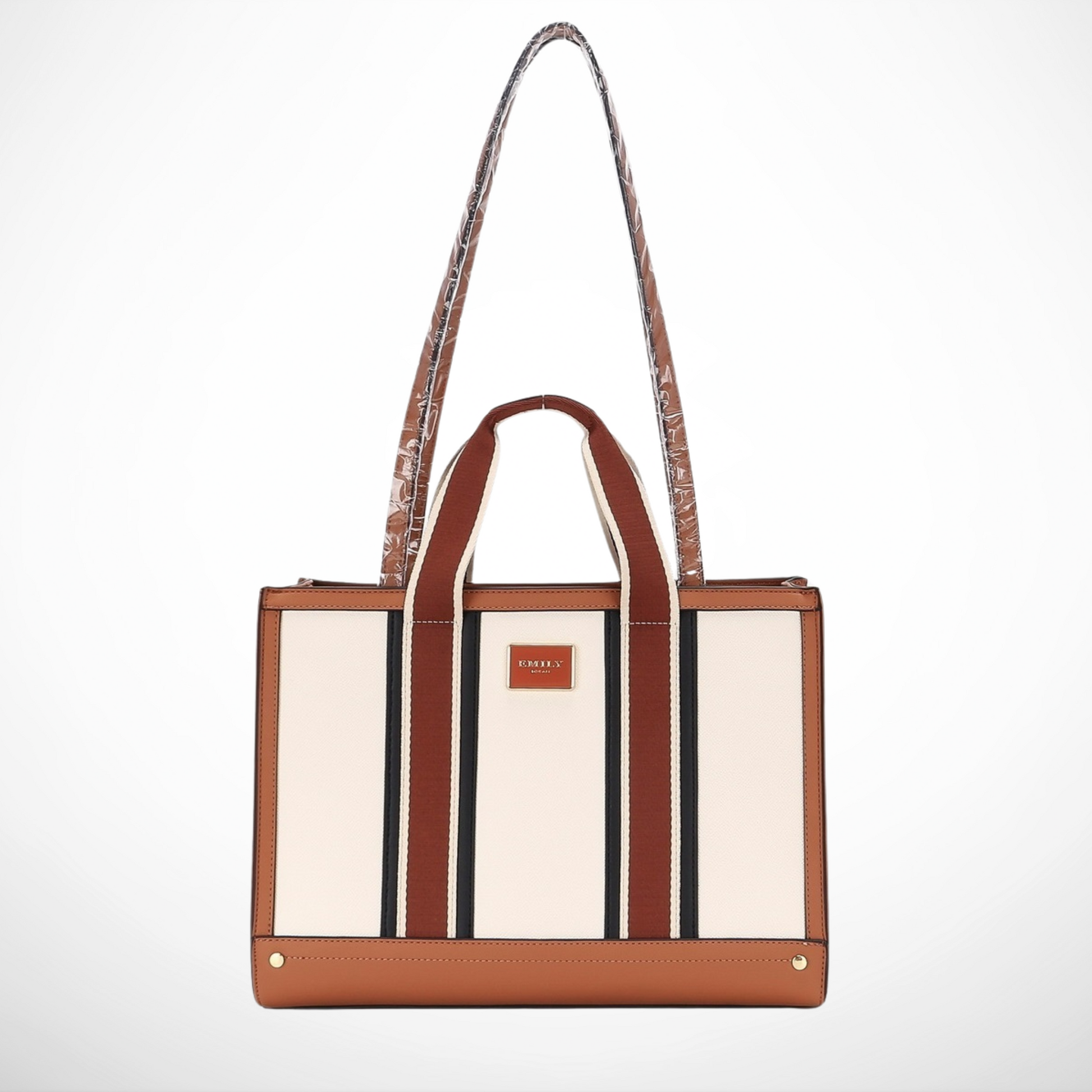 Structured tote bag with striped webbing handles, contrast trim, spacious interior, and shoulder straps in  brown.