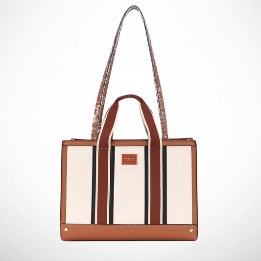 Structured tote bag with striped webbing handles, contrast trim, spacious interior, and shoulder straps in  brown.