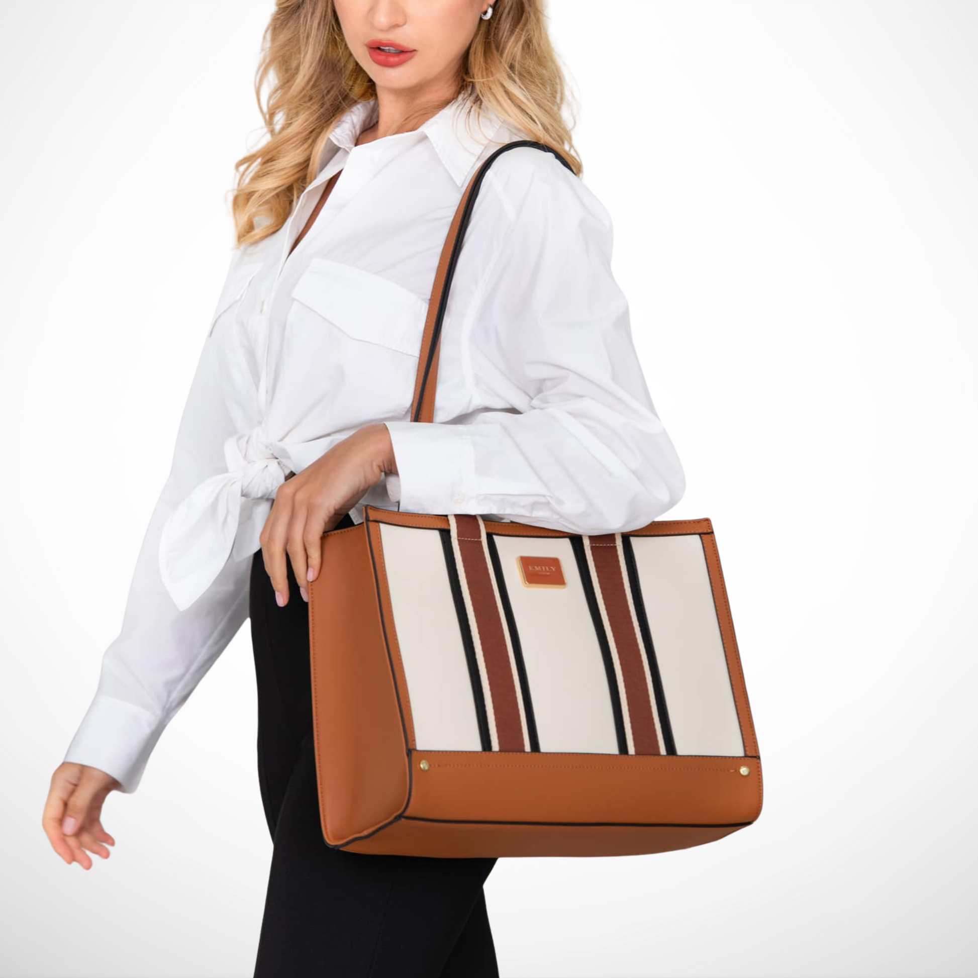 Structured tote bag with striped webbing handles, contrast trim, spacious interior, and shoulder straps in brown.