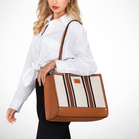 Structured tote bag with striped webbing handles, contrast trim, spacious interior, and shoulder straps in brown.