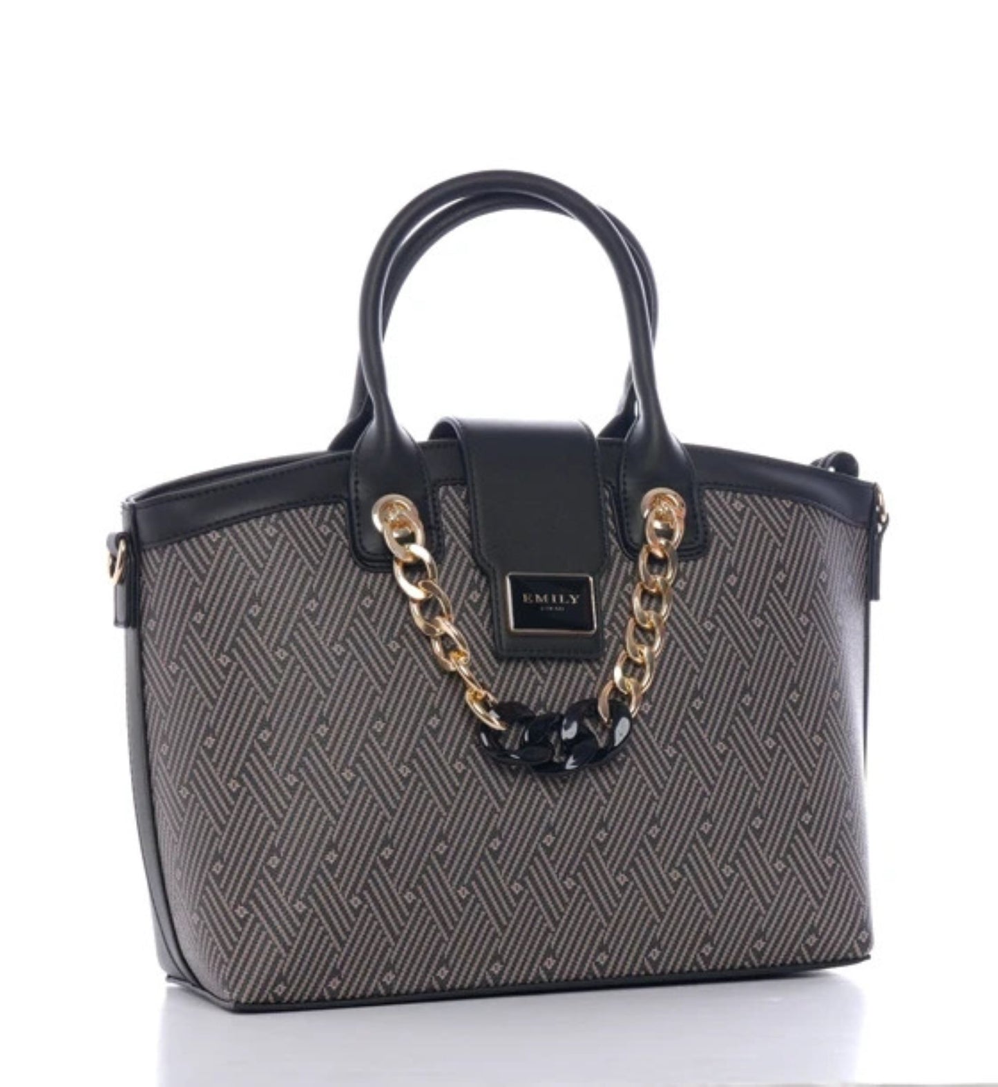 Black Printed Top Handle Satchel with Chain