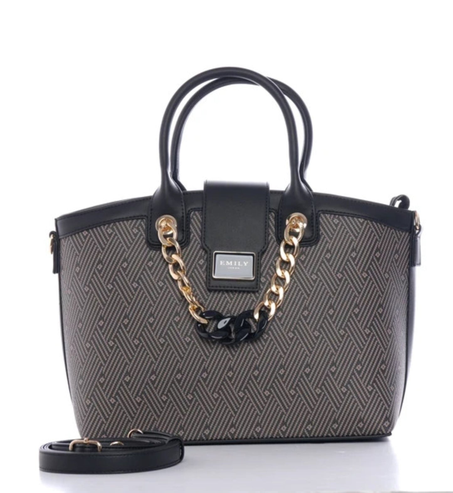 Black Printed Top Handle Satchel with Chain