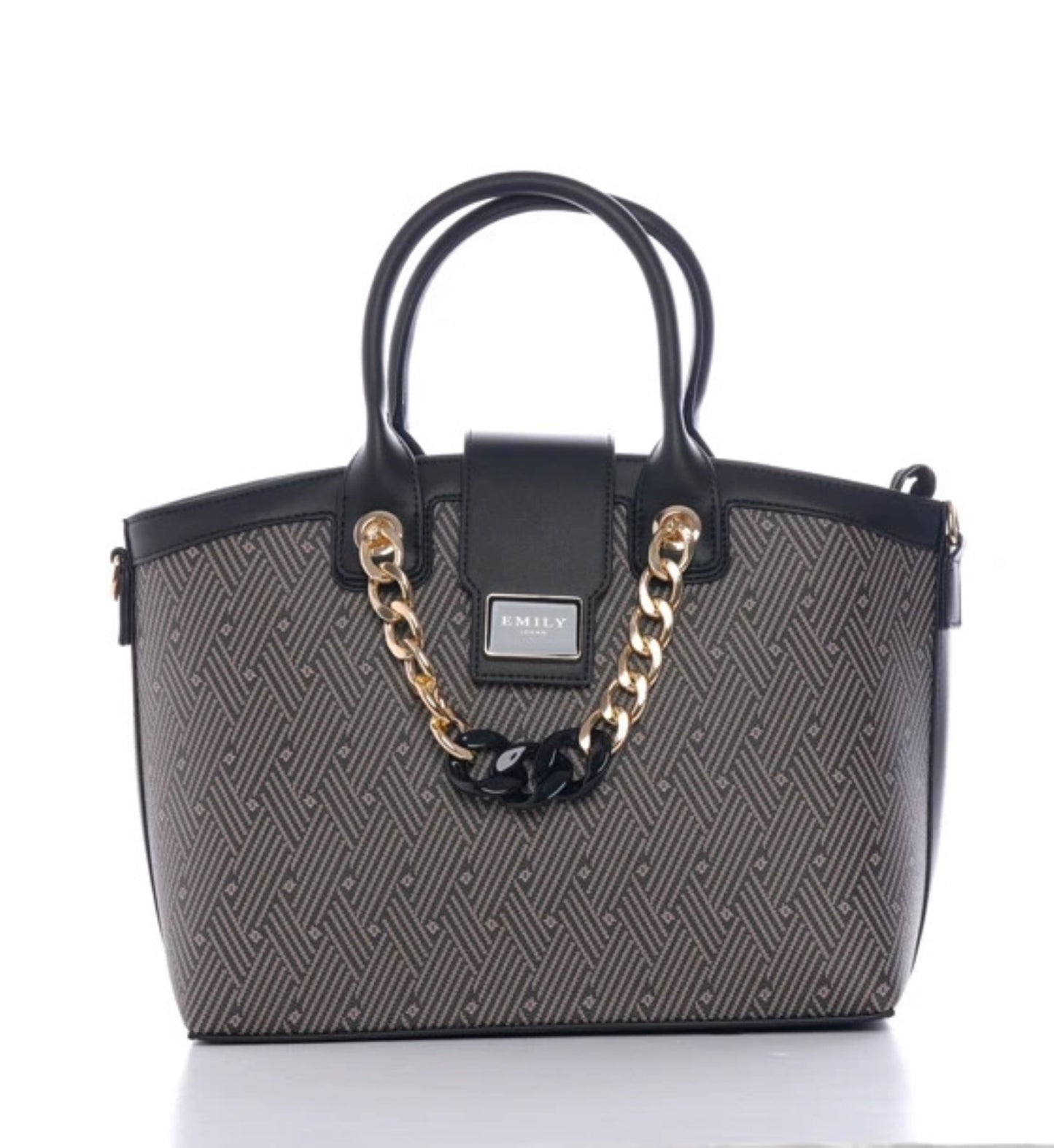 Black Printed Top Handle Satchel with Chain