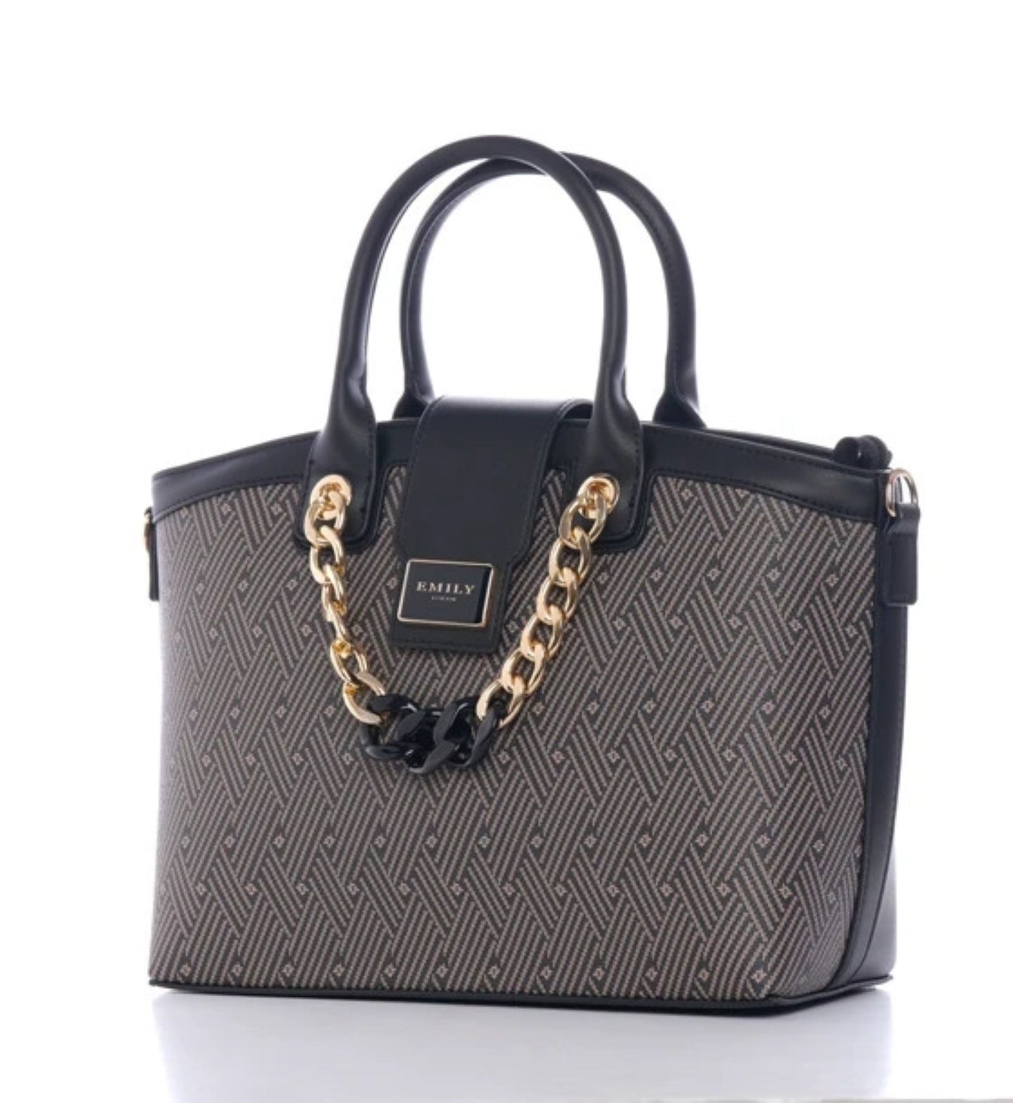 Black Printed Top Handle Satchel with Chain