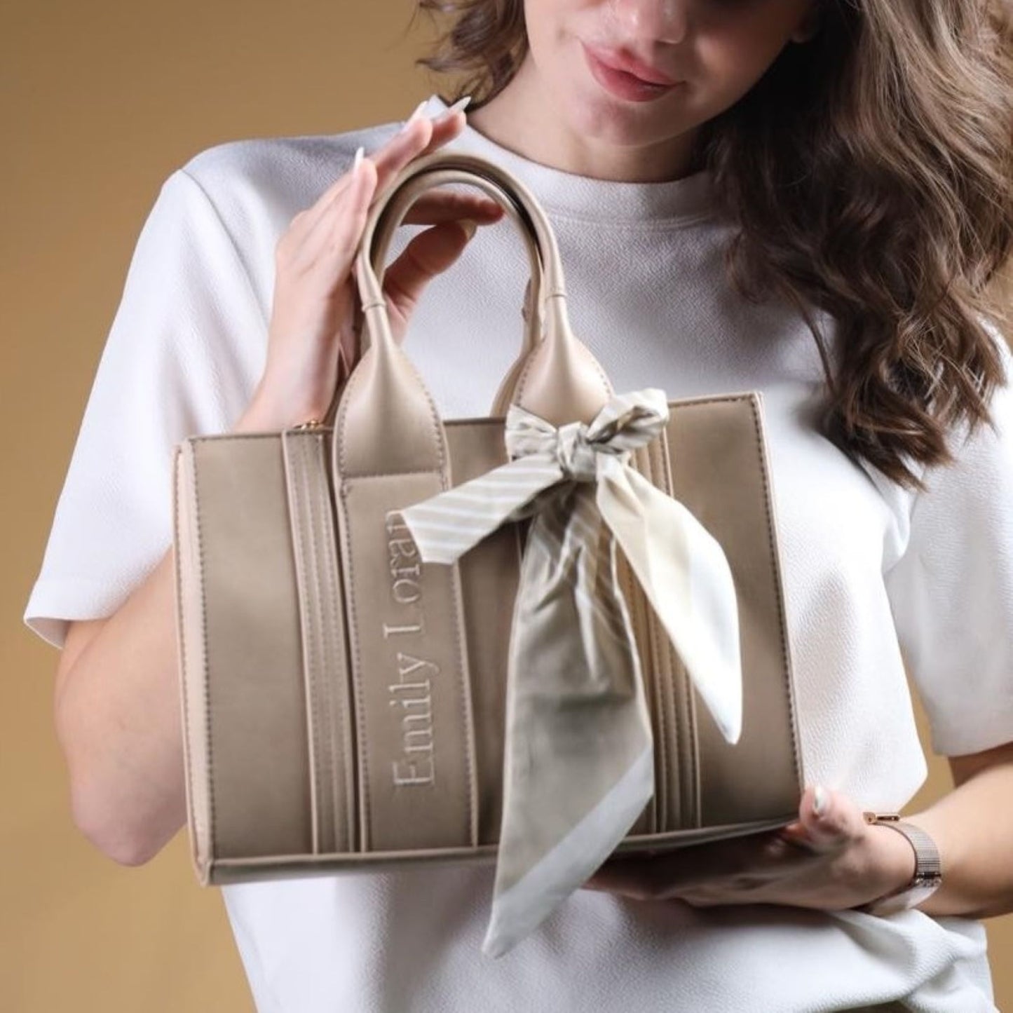 Beige Embossed Satchel Tote