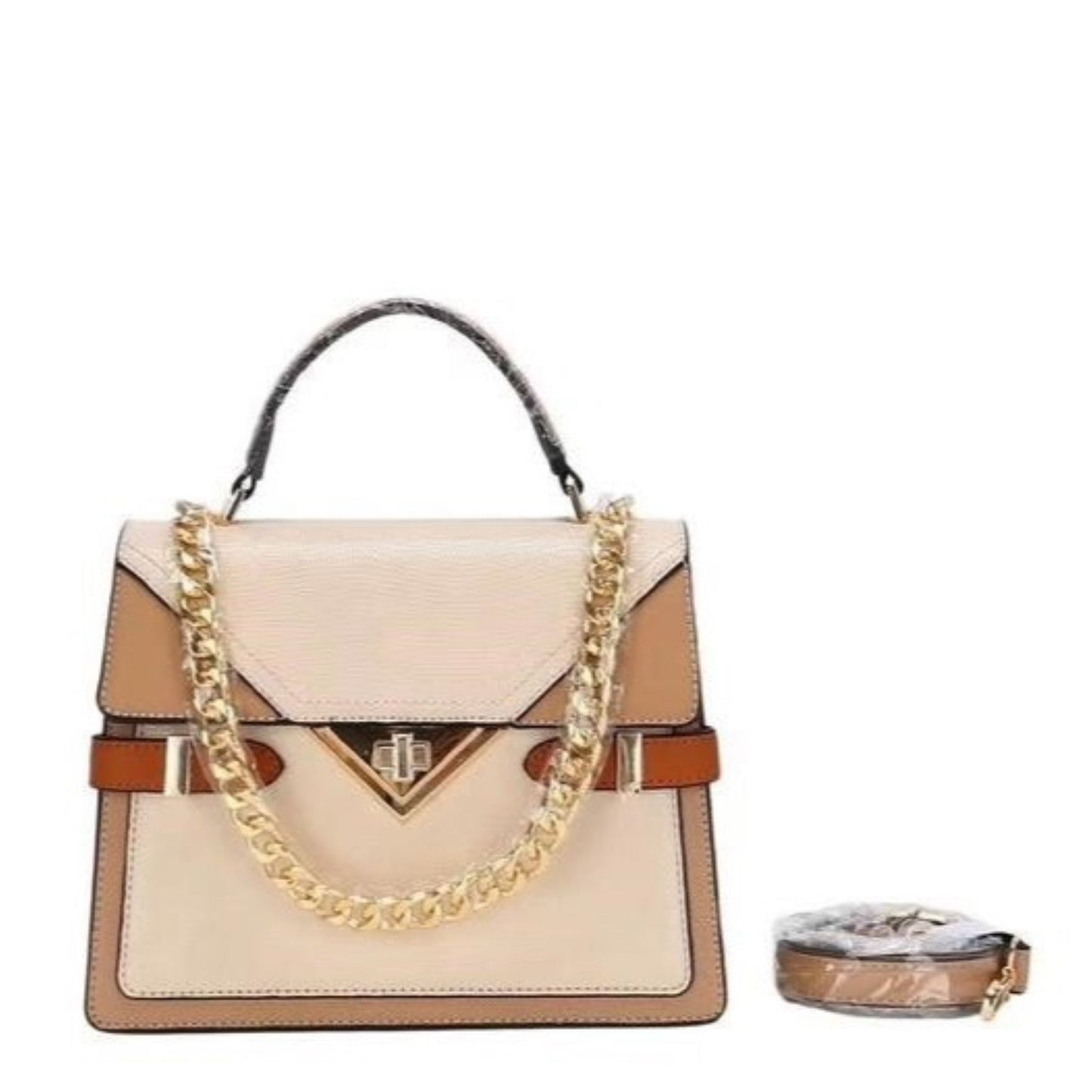 Beige Top Handle Bag with Chain