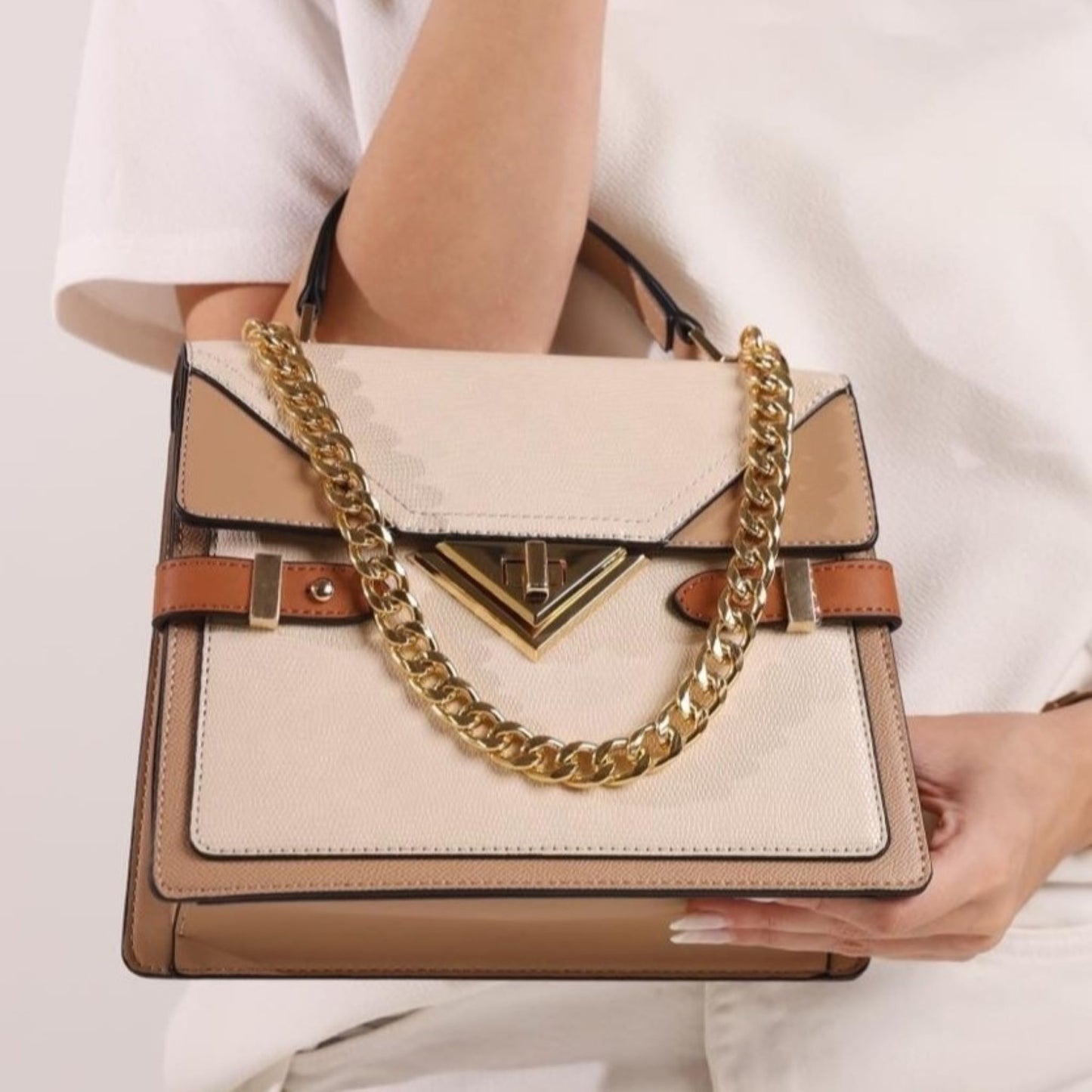 Beige Top Handle Bag with Chain