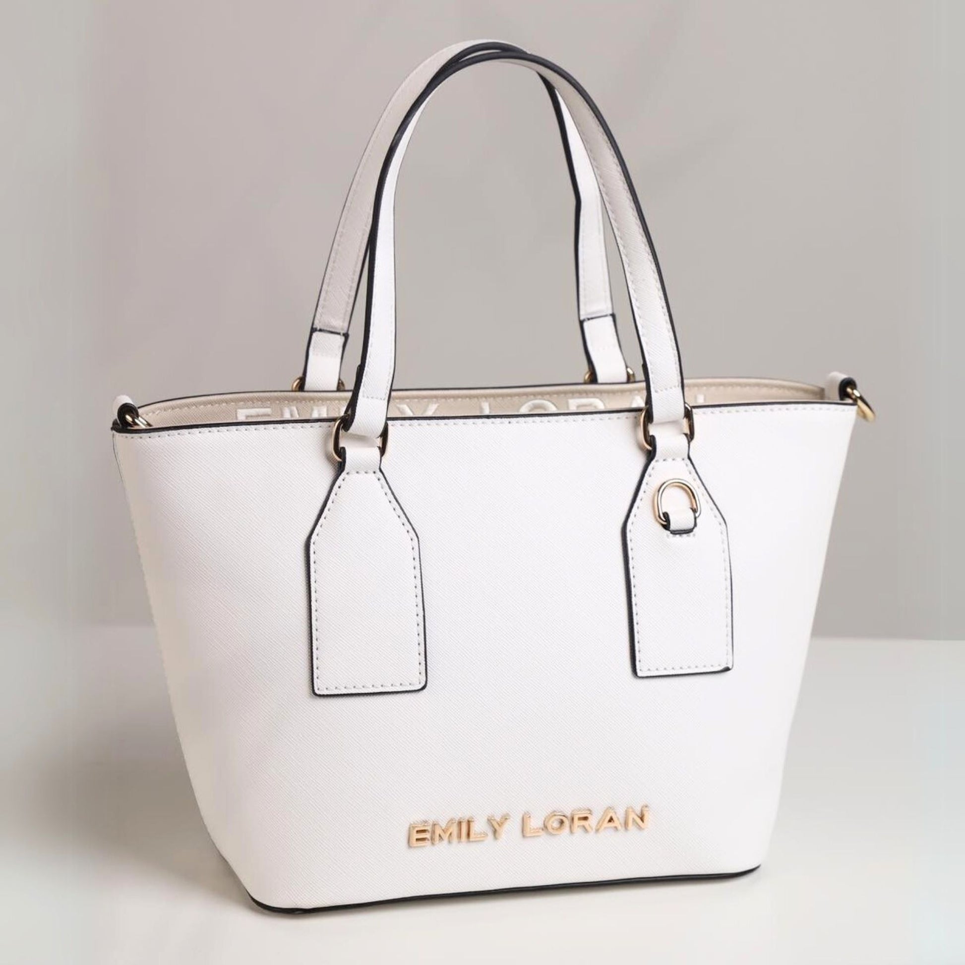 White mock saffiano handbag satchel tote with logo detail motif and in woven strap, double top handles, additional long matching strap, gold hardware.