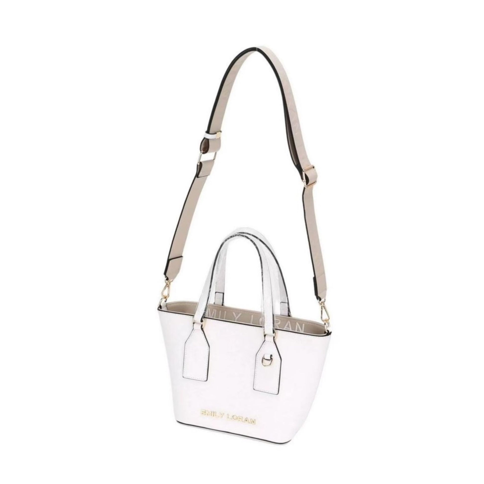 White mock saffiano handbag satchel tote with logo detail motif and in woven strap, double top handles, additional long matching strap, gold hardware.