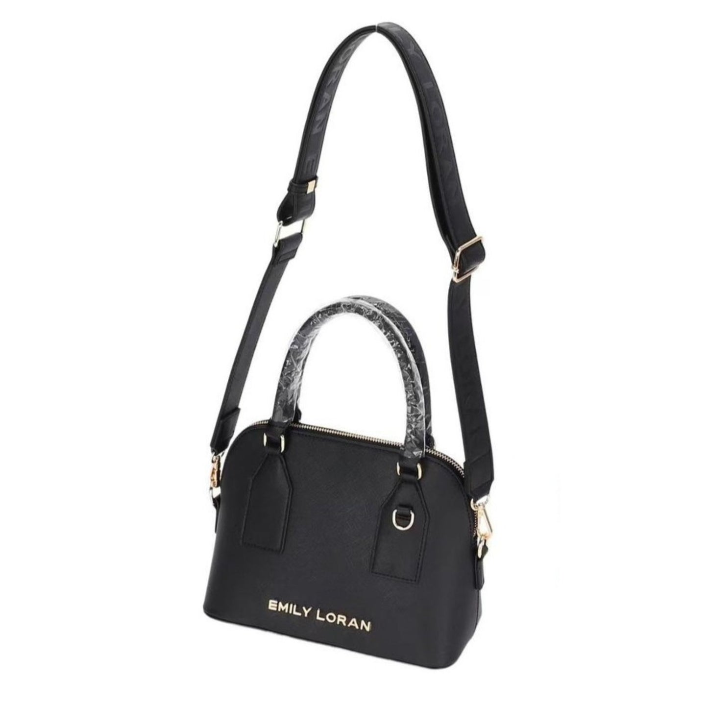 Black double handle handbag with Emily Loran logo and matching removable adjustable long strap.