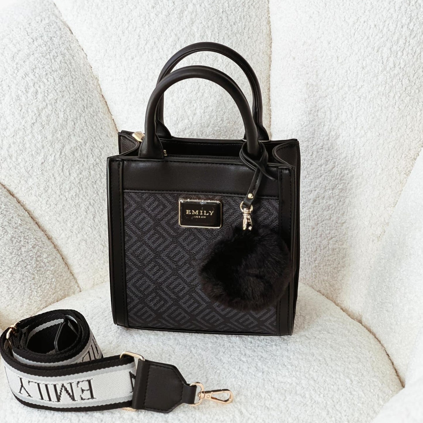 Black Multi Texture Double Handle Tote Bag
