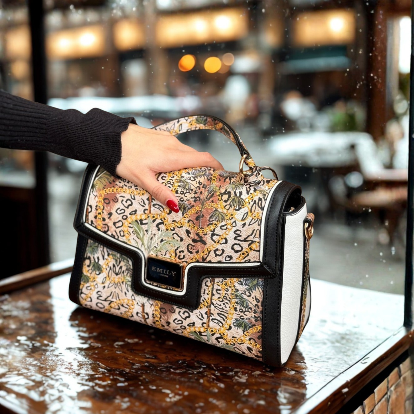 Patterned Print Top Handle Luxe Satchel Handbag—bold animal‑baroque design, gold hardware, and versatile straps