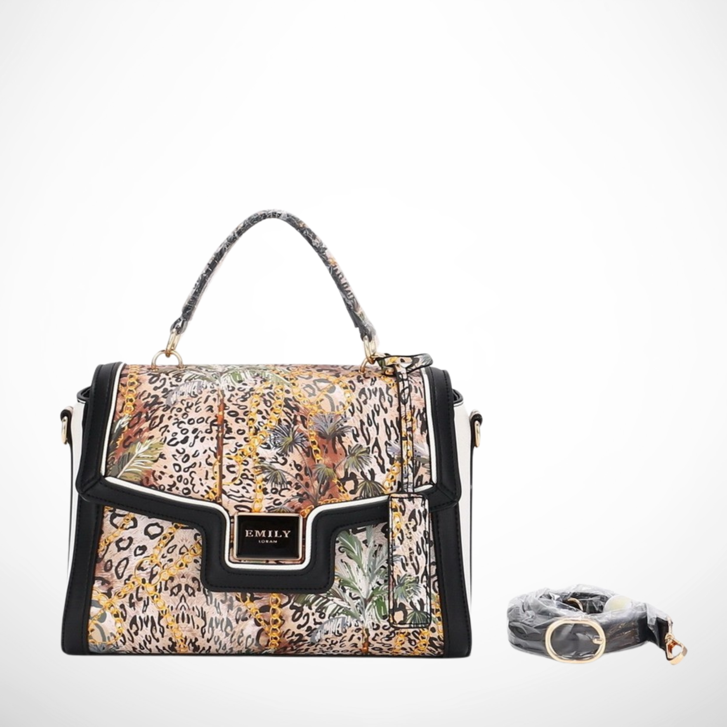 Patterned Print Top Handle Luxe Satchel Handbag—bold animal‑baroque design, gold hardware, and versatile straps