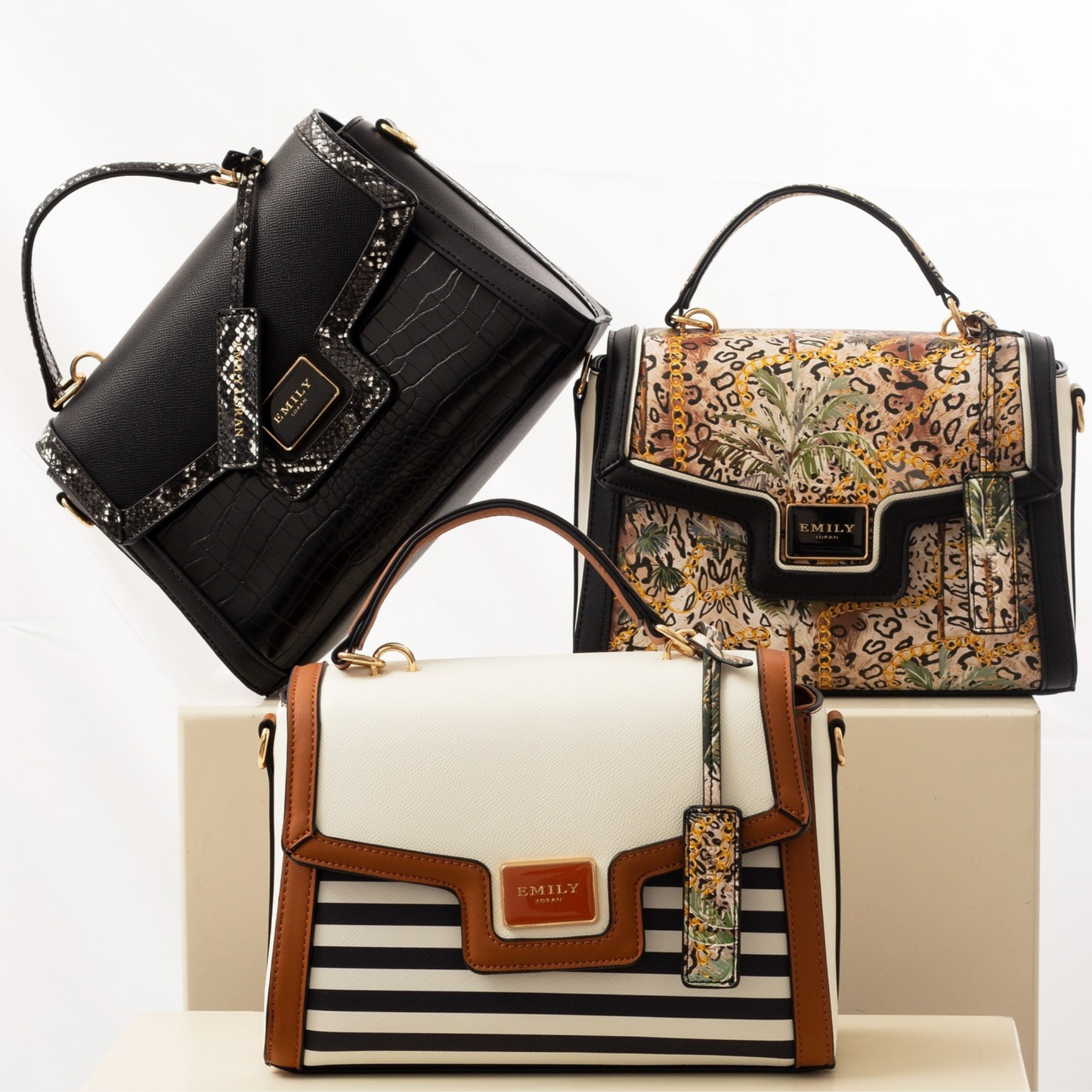 Black Croc Patterned Top Handle Satchel Bag