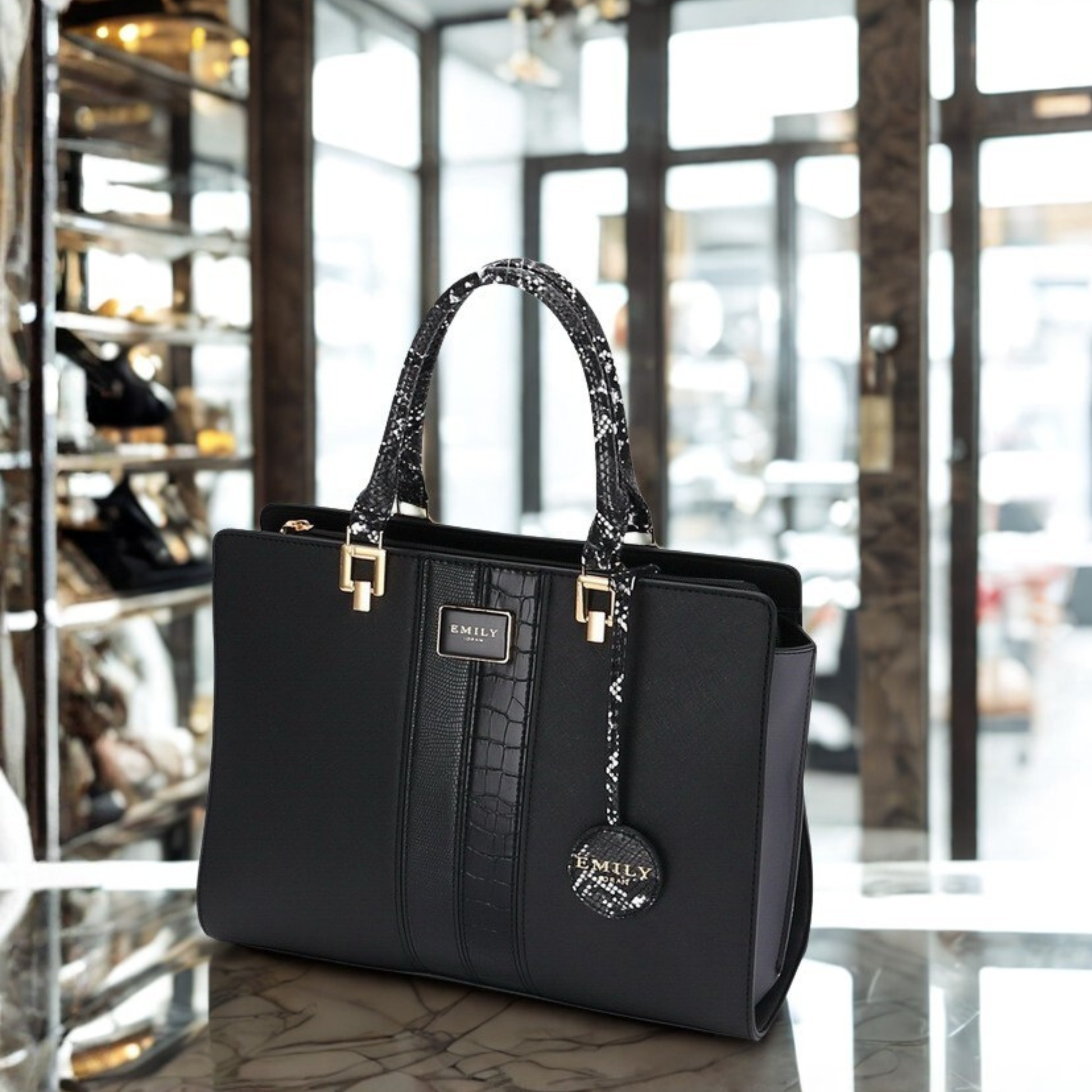 Elevate your style with this premium black tote handbag featuring croc-embossed detail, chic patterned handles, and detachable strap—perfect for work or travel.