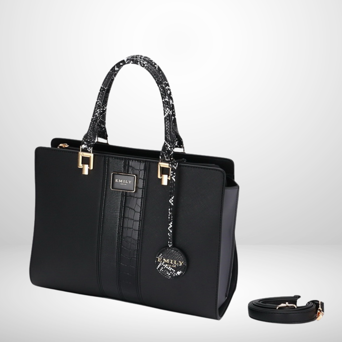 Elevate your style with this premium black tote handbag featuring croc-embossed detail, chic patterned handles, and detachable strap—perfect for work or travel.