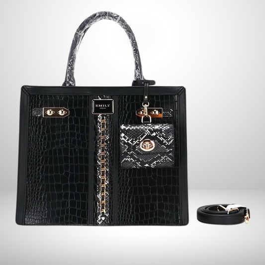 EMMELY black croc-embossed tote with gold hardware, chain detail & pouch. Spacious, stylish & perfect for work or everyday fashion in Hong Kong.