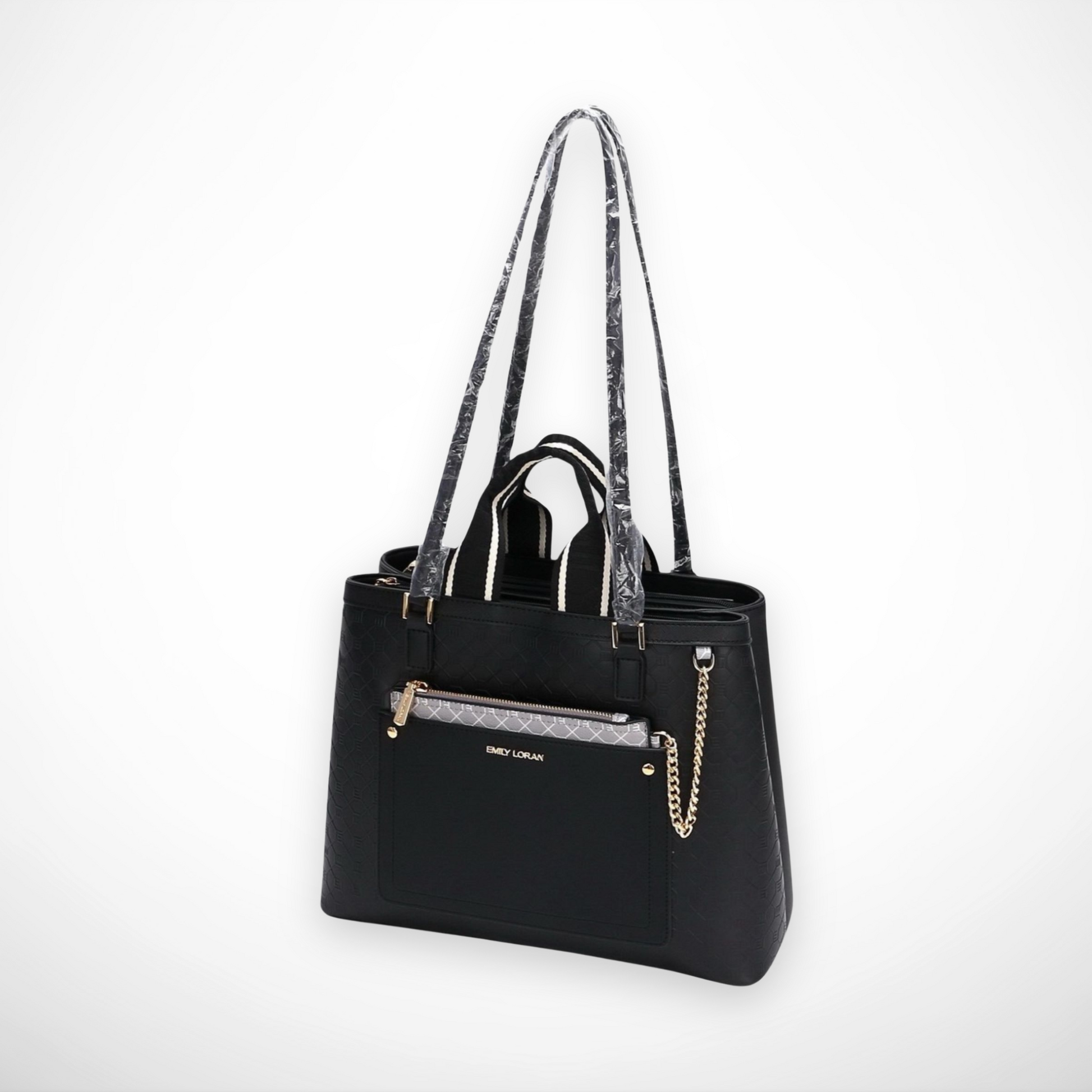 Black handbag with a chain detail on a white background