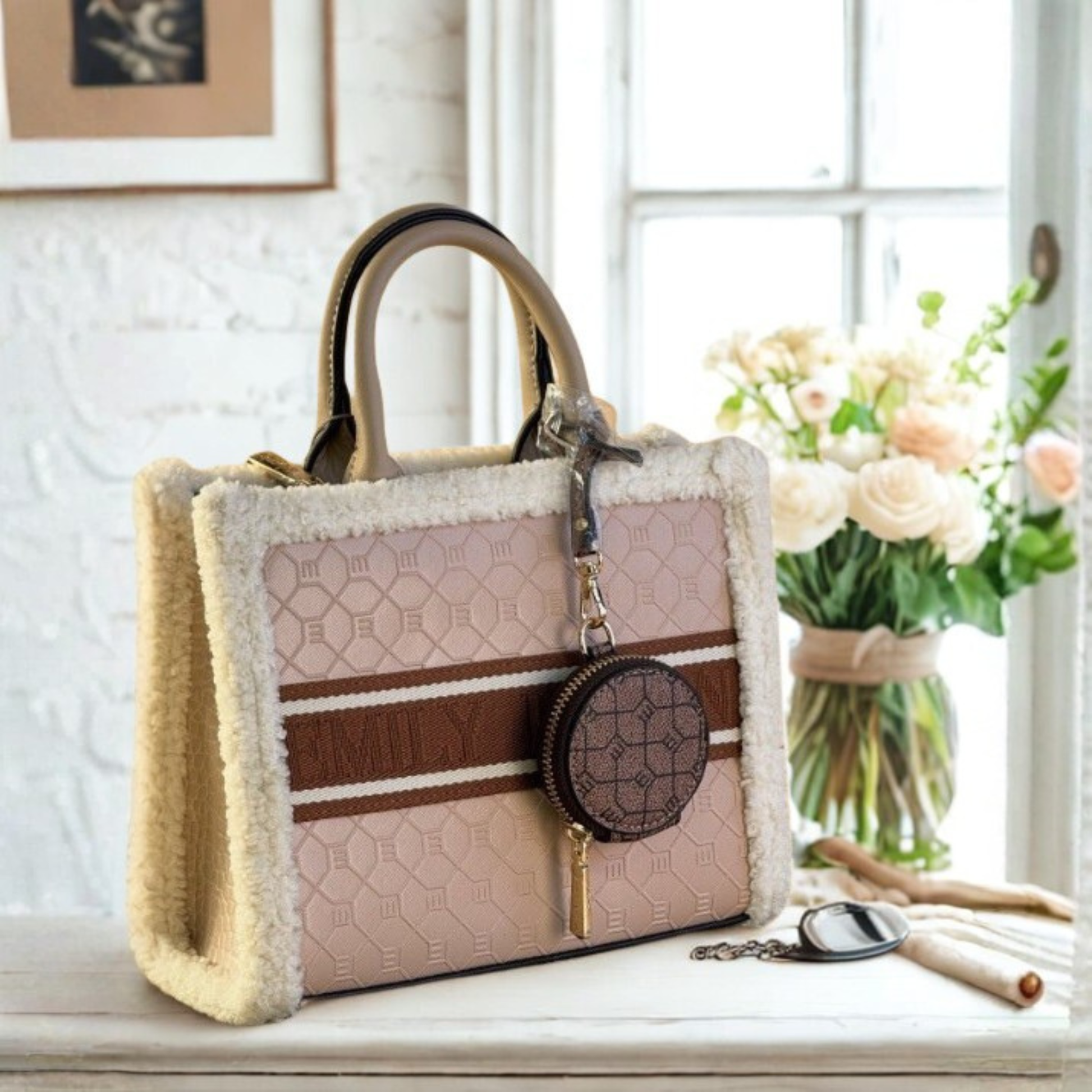 Faux-shearling trim tote with geometric design & coin purse. Stylish spacious winter handbag, perfect holiday gift & fashion accessory from InStyle Fashion HK.
