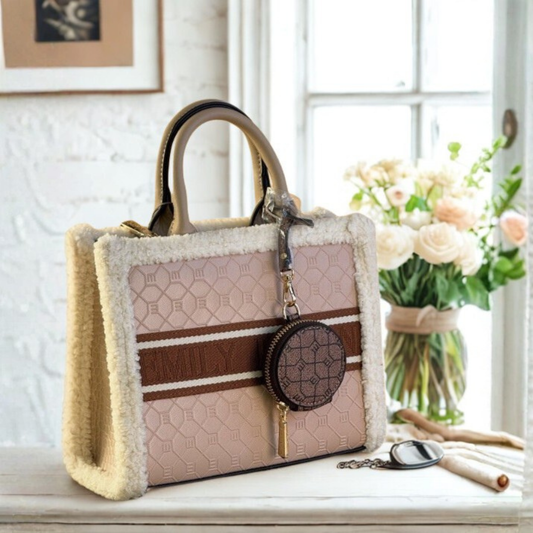 Faux-shearling trim tote with geometric design & coin purse. Stylish spacious winter handbag, perfect holiday gift & fashion accessory from InStyle Fashion HK.