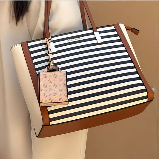 Striped Shoulder Tote Bag with Pouch